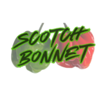A green and red scotch bonnet pepper are slightly dimmed out. The words "scotch bonnet" sits atop the peppers in black with a green outline.