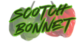 A green and red scotch bonnet pepper are slightly dimmed out. The words "scotch bonnet" sits atop the peppers in black with a green outline.