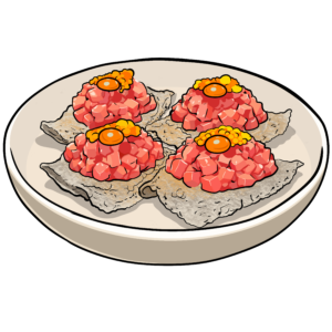 an illustration of tuna tartare and beads of orange uni on a crispy nori chip