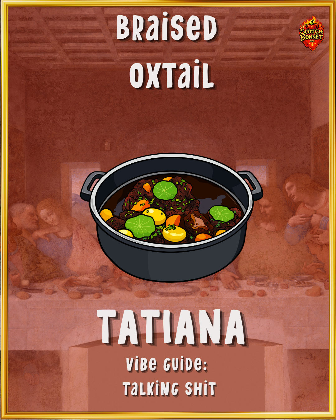 an artistic depiction of oxtail superimposed over a photo of DaVinci's The Last Supper