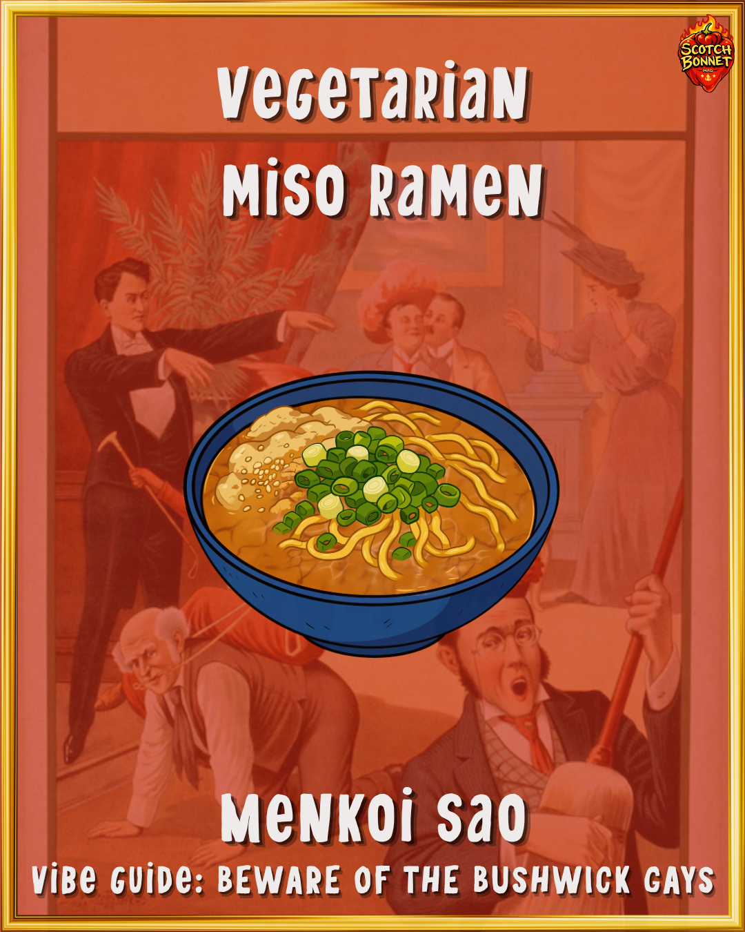 Illustration of Menkoi Sao's vegetarian miso ramen kayered on top of a transparent 1900s Hypnotism Poster